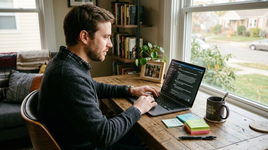 AI for small business - a small business owner at his home office desk working on a laptop with an AI chat assistant visible on screen